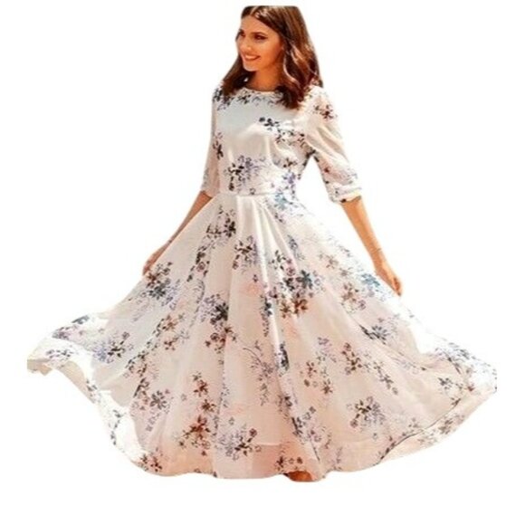 Chicwish Dresses & Skirts - Chicwish White Floral Maxi Dress with Pleated Skirt Size M Modest Romantic